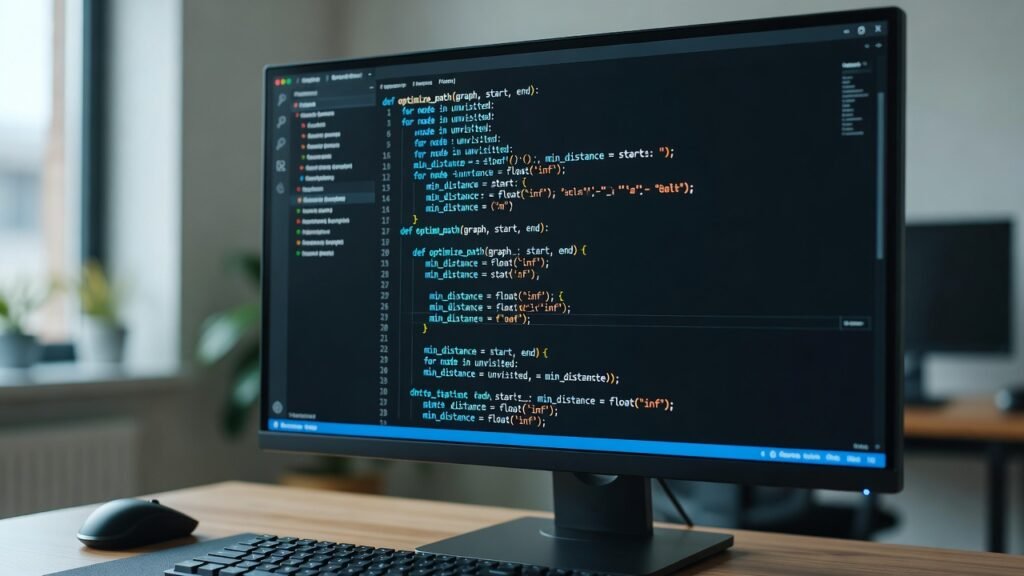 algorithm code on screen showing bot simulation