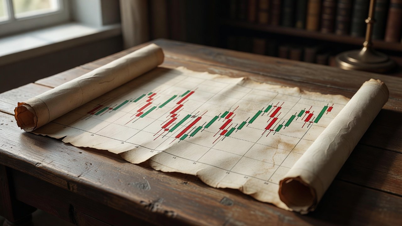 candlestick chart on scroll illustrating learn trading through quests and monsters
