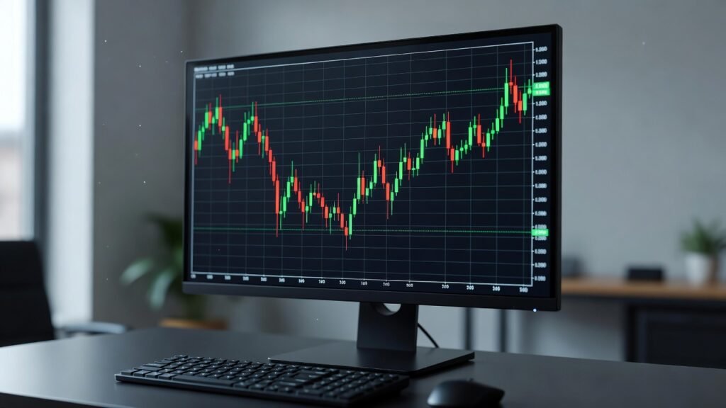 candlestick chart on monitor in virtual stock exchange