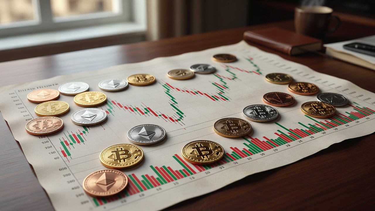 cryptocurrency games coins on trading chart close up