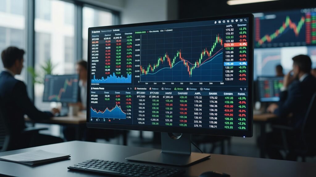 financial dashboard showing market data in browser game that teaches trading