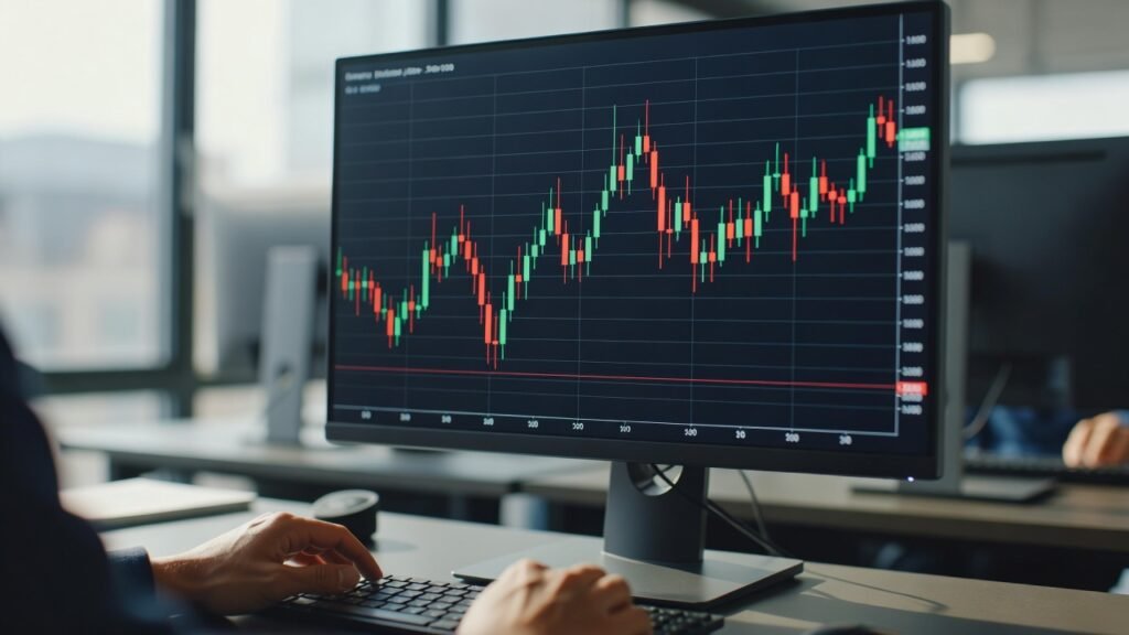 Live candlestick market interface in best crypto games