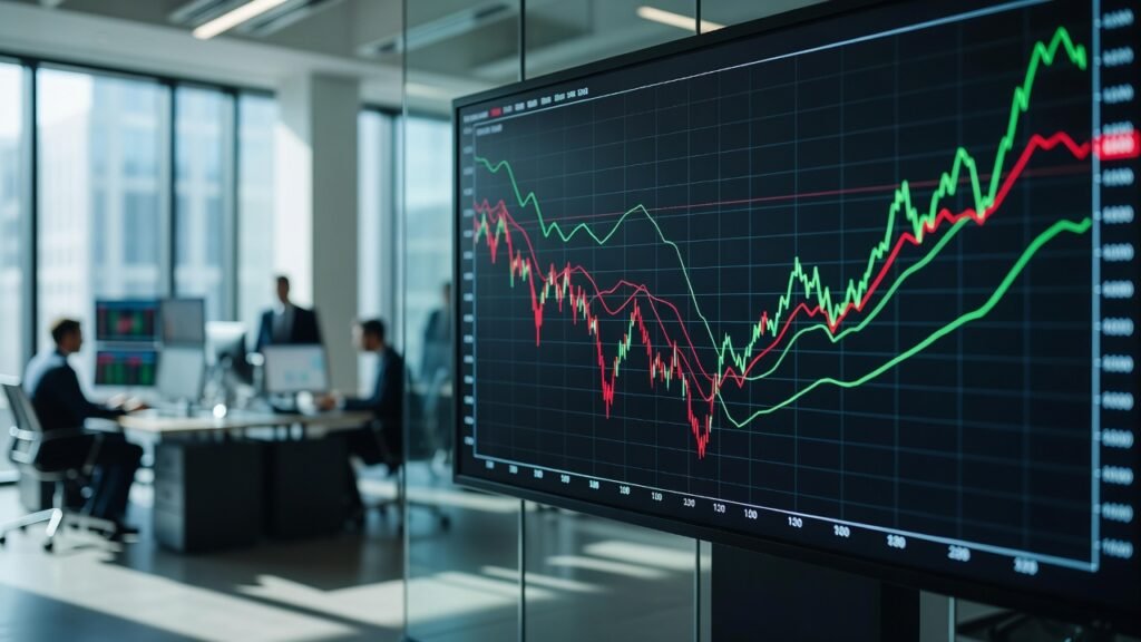 Day trading simulator chart with moving averages