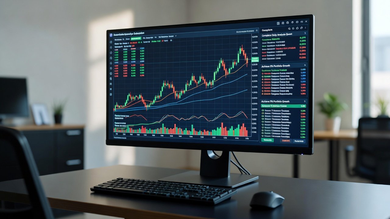 Quest based trading simulator screen showing candle charts